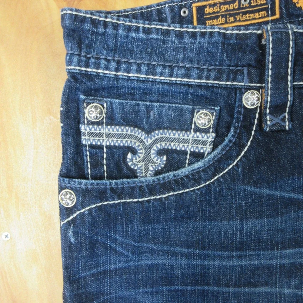 ROCK REVIVAL Mario Straight Leg Jeans 40 (42) X 33 Dark‎ Wash Denim Fleur-de-lis